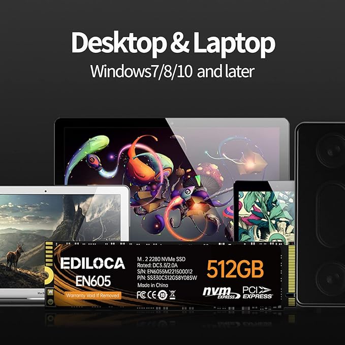 EN605 512GB M.2 SSD, NVMe1.3 PCIe Gen3 x4 SSD TLC, Internal Hard Drive, M.2 2280 - Read/Write Speed up to 2150/1600 MB/s - Internal SSD Compatible with Laptop & PC Desktop