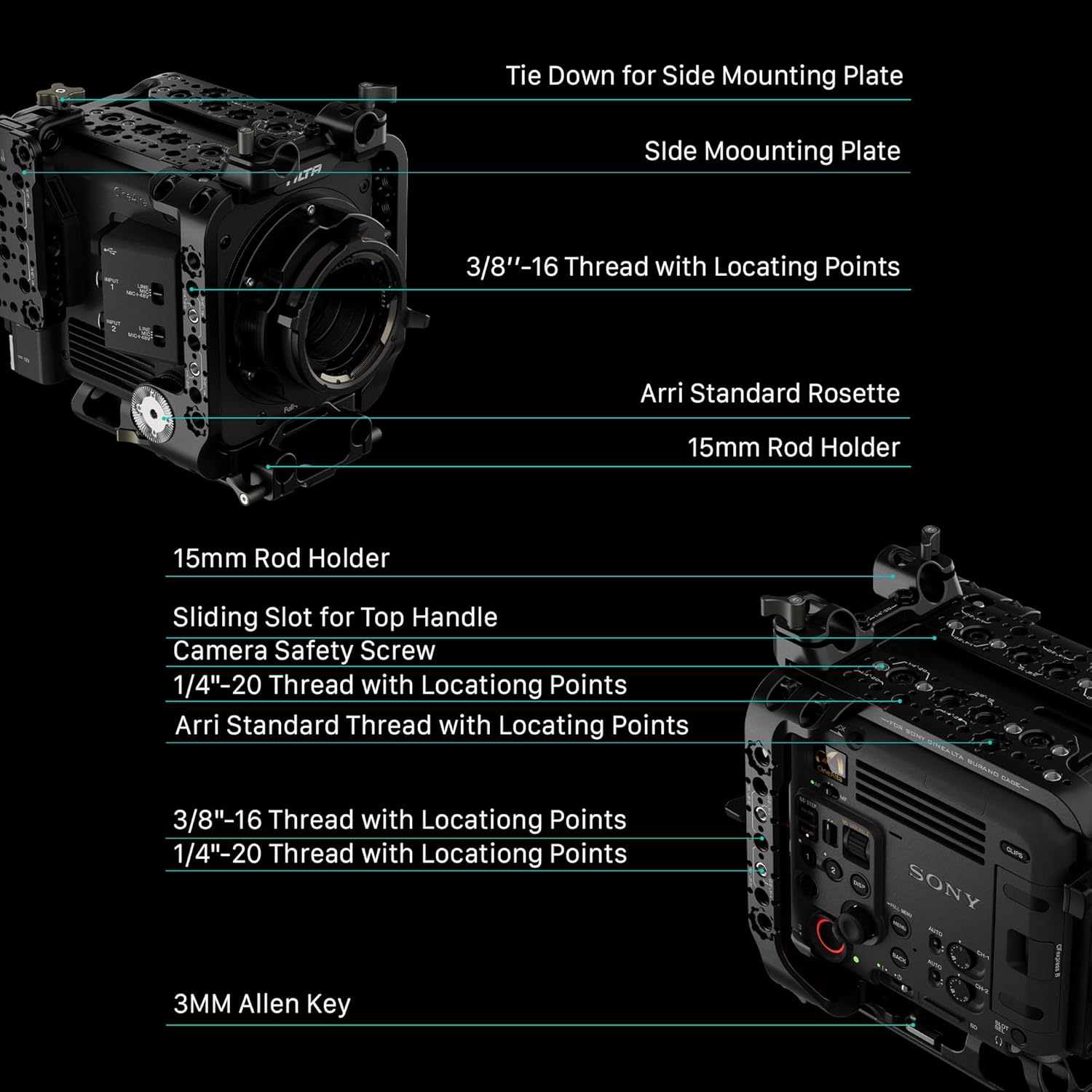 Tilta Camera Cage Compatible with Sony BURANO | Arri Rosettes, 1/4"-20 and 3/8"-16 Threads | w/Top Handle, Left/Right Side Arm, Battery Plate (Advanced Kit - V Mount)