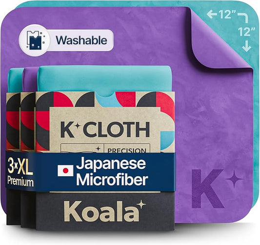 Koala Lens Cleaning Cloth | Japanese Microfiber | Glasses Cleaning Cloths | Eyeglass Lens Cleaner | Eyeglasses, Camera, VR/AR Headset, and Screen Cleaner | Blue & Purple (Pack of 3)