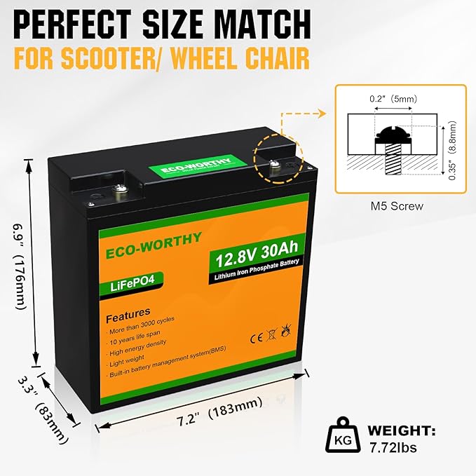 ECO-WORTHY 12V 30Ah LiFePO4 Lithium Battery, 4000+ Deep Cycle Rechargeable Battery with BMS for Ham Radio, Fish Finder, Kids Scooters, Power Wheels, Trolling Motor, Replacement of 12V 35AH SLA