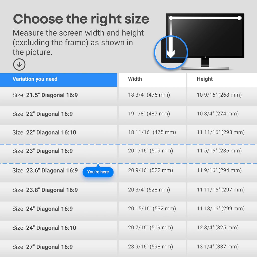 23 inch Blue Light Blocking Screen Protector Panel for 16:9 Widescreen Computer Monitor and Laptop - PC Anti-UV Eye Protection Filter Film - Anti-Scratch Diagonal Frame Shield [1 Pack]
