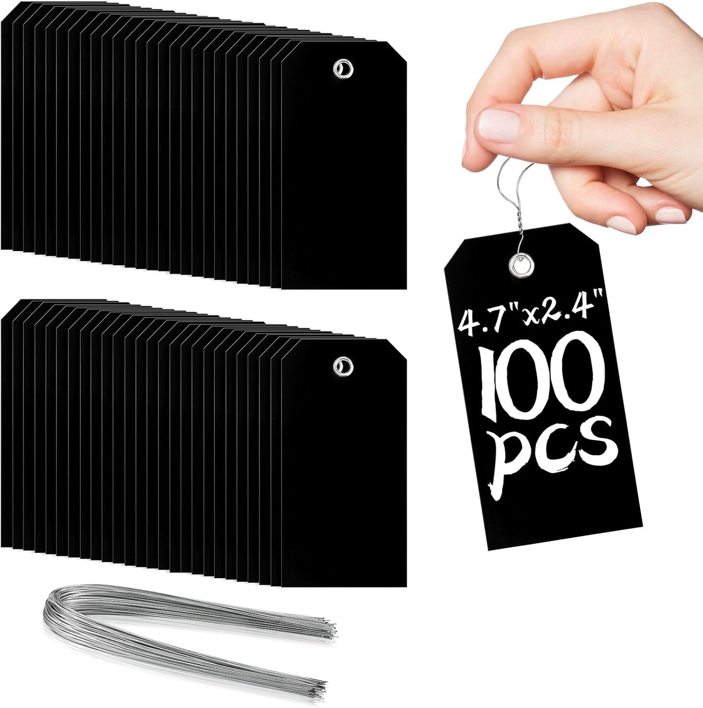 100 Pcs Waterproof Hanging Price Tags with String Attached - Black, 4 3/4" x 2 3/8" for Retail, Engraving, Gift, Equipment, Garage, Shelf Parts