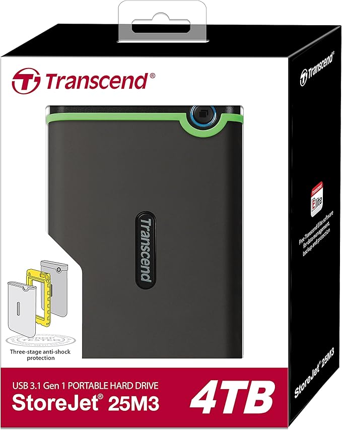 Transcend 4TB SJ25M3, USB 3.1 Portable Hard Drive Rugged, Anti-Shock Resistant, Compact and Lightweight with Lightning-Fast Speeds, One Touch Backup Button, Iron Grey - TS4TSJ25M3S