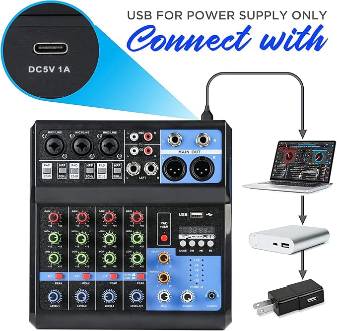 Dj Mixers 5 Channel Audio Mixer Sound Board with Bluetooth, Usb Audio Interface with 48V Phantom Power Sounds Mixer Board with FX Reverb Delay Effect for Streaming