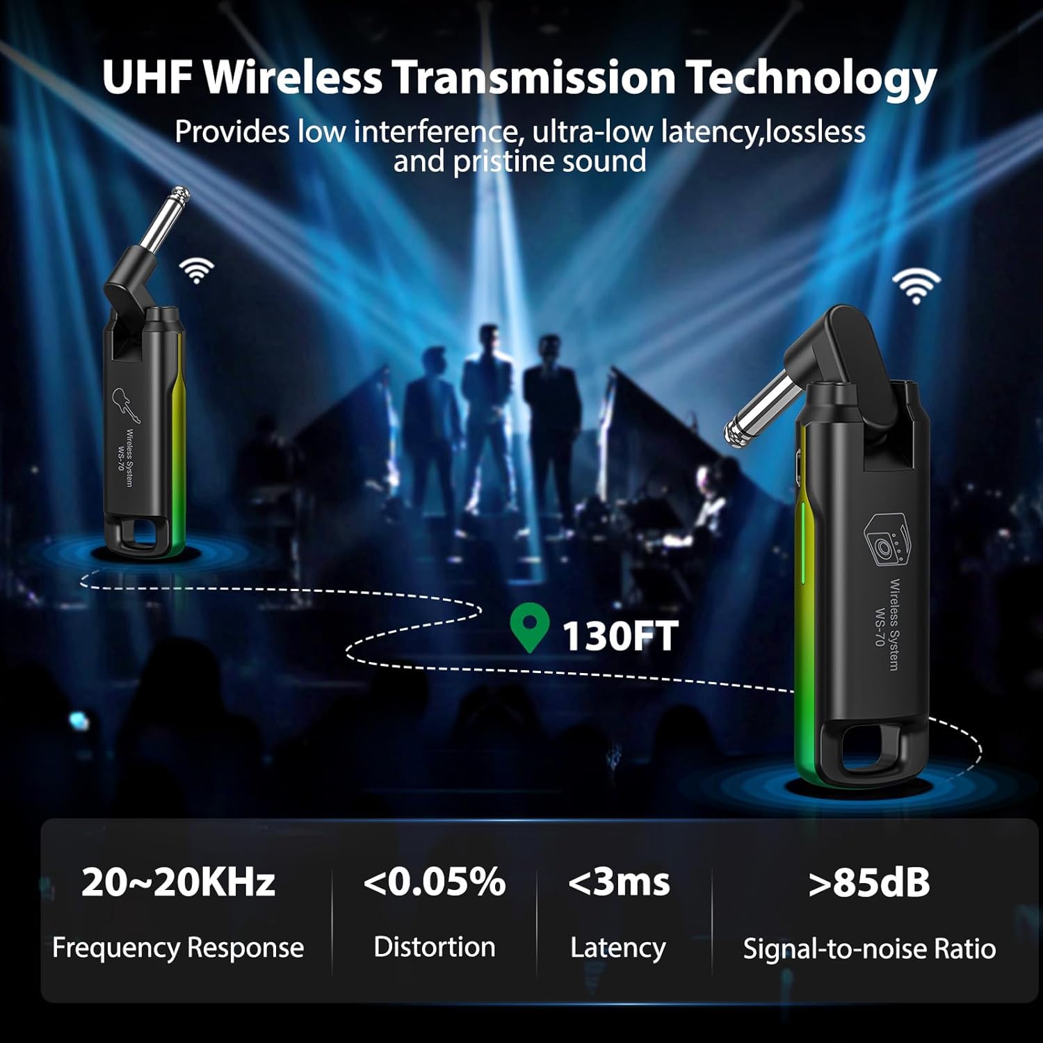 LEKATO Wireless Guitar System UHF Wireless Guitar Transmitter Receiver Rechargeable Audio Wireless Guitar Transmitter and Receiver with 70 Channels Wireless for Guitar Bass Electric Instruments-Green