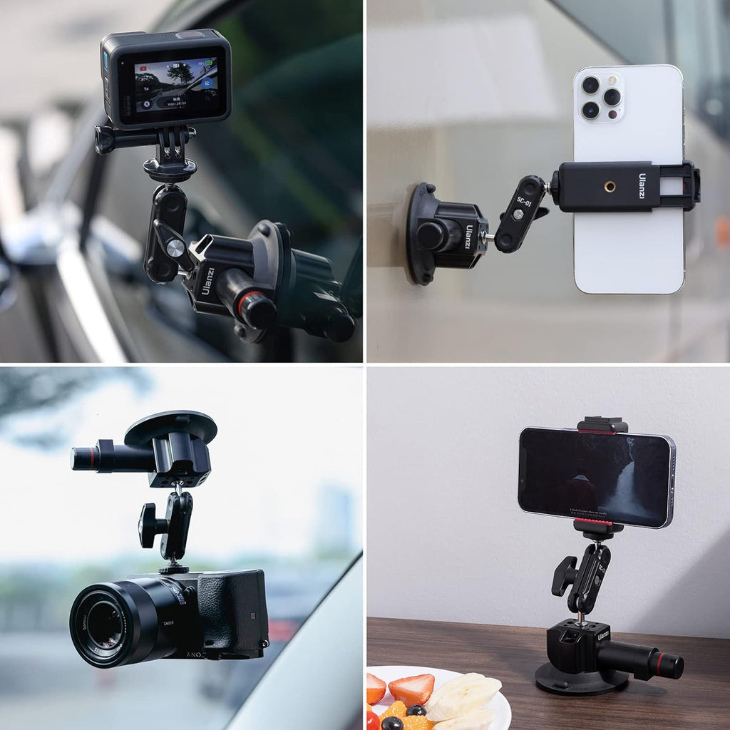 UURig SC-01 Suction Mount 3" for Vlogging Action Camera Car w Smartphone Clamp Compatible with DJI OSMO Pocket 3/OSMO 360/Insta 360 x5/iPhone 16 15 14 13 Pro Max, 1/4" Magic Arm Car Windshield Window