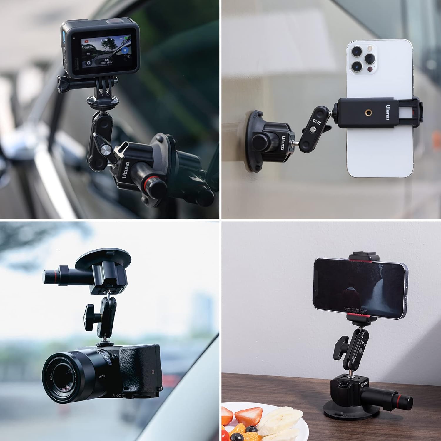 UURig SC-01 Suction Mount 3" for Vlogging Action Camera Car w Smartphone Clamp Compatible with DJI OSMO Pocket 3/OSMO 360/Insta 360 x5/iPhone 16 15 14 13 Pro Max, 1/4" Magic Arm Car Windshield Window