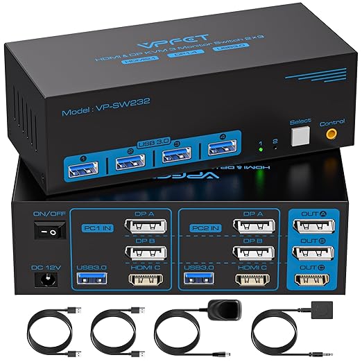 8K@60Hz HDMI Displayport KVM Switch 3 Monitors 2 Computers 4K@120Hz Triple Monitor KVM Switches for 2 PC Share 4 USB 3.0 Ports Support Extended & Copy Mode Desktop Controller 12V Adapter Included