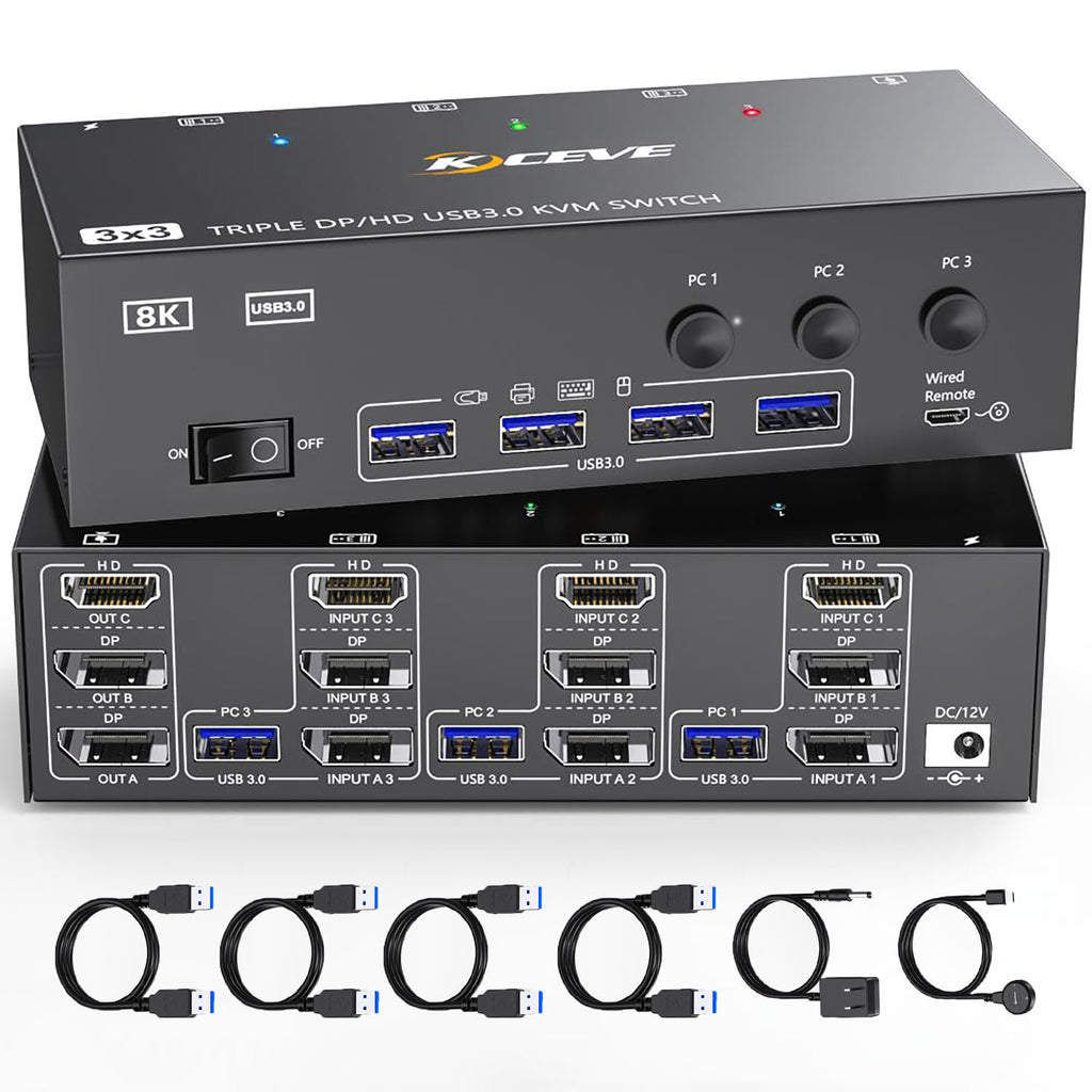 KVM Switch 3 Monitors 3 Computers 8K@60Hz 4K@144Hz, HDMI Dispalyport Triple Monitor KVM Switches with 4 USB3.0 Port for USB Devices, Support Extended/Mirror Mode, Wired Controller and USB3.0 Cables