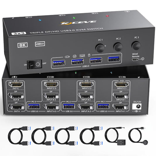 KVM Switch 3 Monitors 3 Computers 8K@60Hz 4K@144Hz, HDMI Dispalyport Triple Monitor KVM Switches with 4 USB3.0 Port for USB Devices, Support Extended/Mirror Mode, Wired Controller and USB3.0 Cables