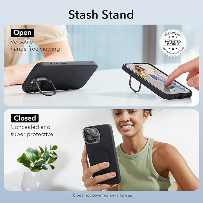 ESR for iPhone 15 Pro Max Case, MagSafe Silicone Case with Stand, Military-Grade Protection, Built-in Camera Stash Stand, Magnetic Phone Case for iPhone 15 Pro Max, Cloud Series, Black