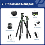 Fotopro 68" Camera Tripod for DSLR, Heavy Duty Compact Travel Tripod with Ball Head, Detachable Monopod with Quick Release Plate and Bag, Load up to 12KG/26.5lbs, Green
