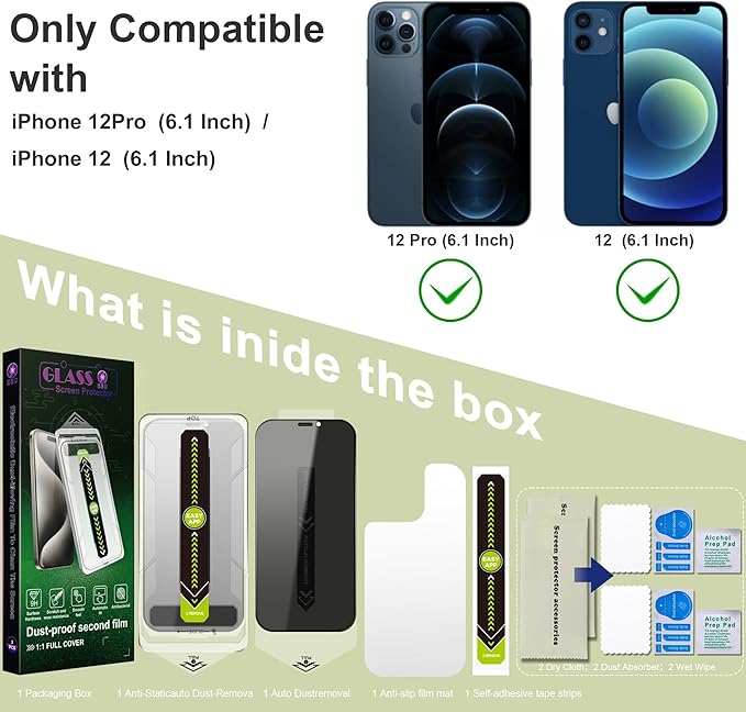 (2-Pack Anti-Spy Privacy Screen Protector for iPhone 12/12 Pro(6.1-Inch),9H Tempered Glass,Full Coverage,Anti-Fingerprint,Auto Dust Removal,Bubble-Free,Easy Installation