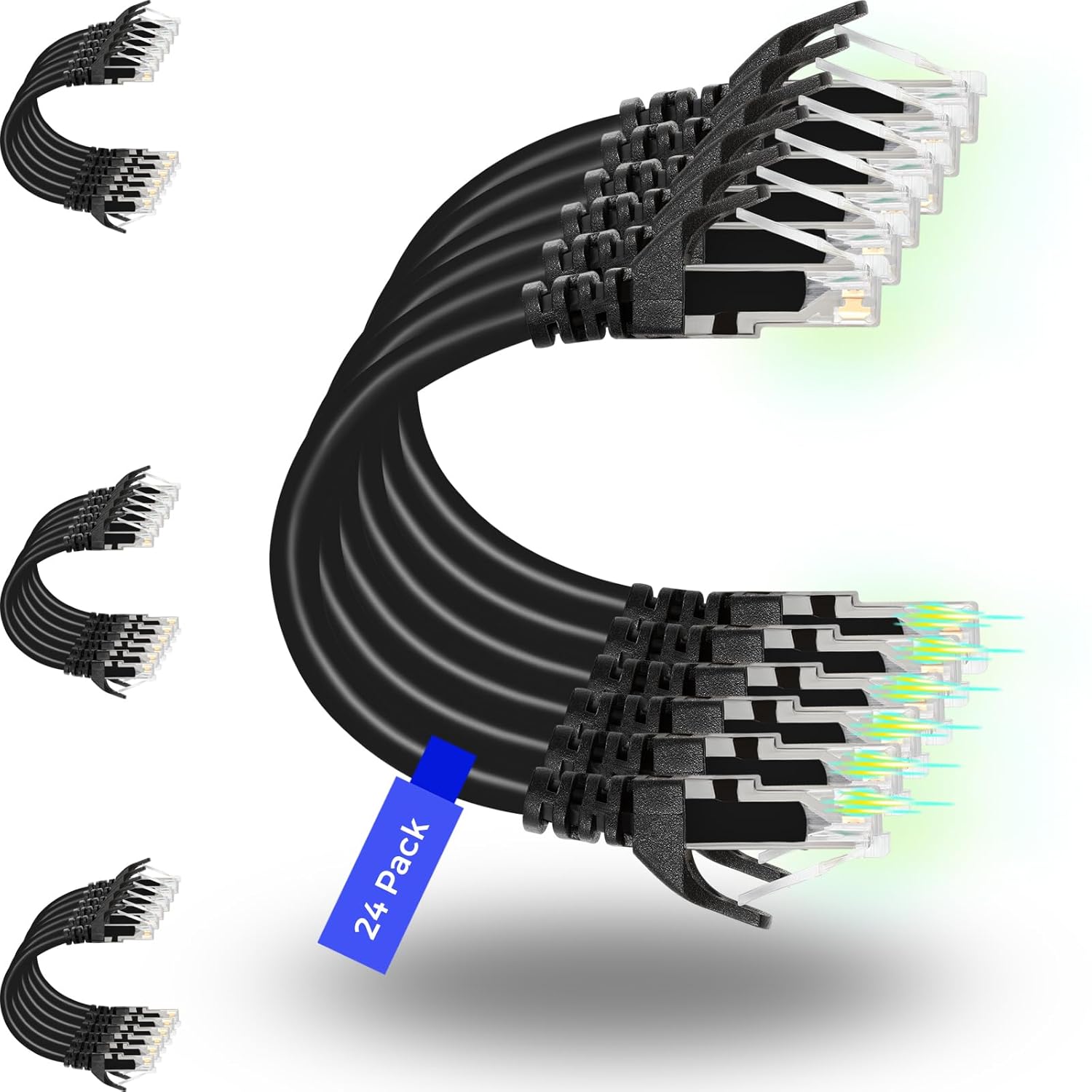 Rapink Patch Cables Cat6 7ft (24 Pack), Ethernet Patch Cable 10G, Cat 6 Patch Cable for Patch Panel to Switch, Flexiable Cat 6 Ethernet Cable with Gold Plated Black