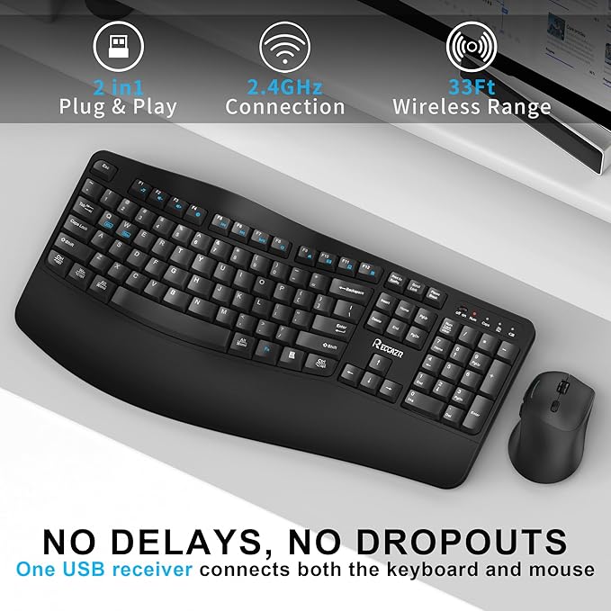 Wireless Keyboard and Mouse Combo, Full Size Wave Keys Ergonomic 2.4G Keyboard with Wrist Rest for Natural Typing, 3 DPI Adjustable Ergonomic Silent Mouse for Computer/Laptop/Windows/Mac (Black)