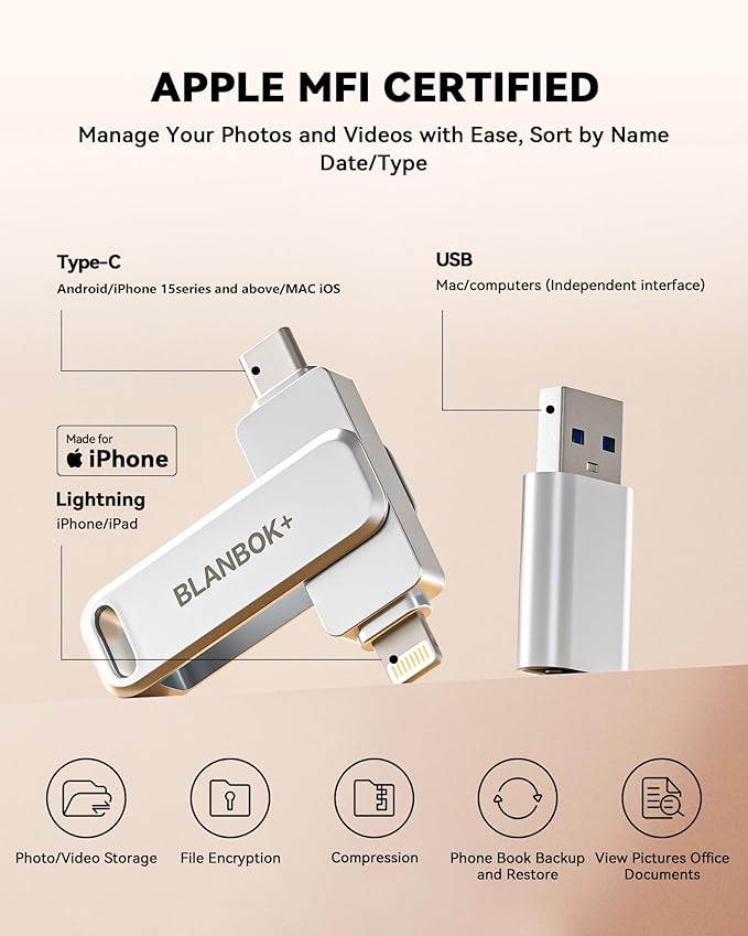 MFi Certified 256GB Flash Drive for iPhone Photo Stick, USB Thumb Drive Memory Stick High Speed USB Drive Photo Storage for iPhone Compatible for iPhone/iPad/Android/PC