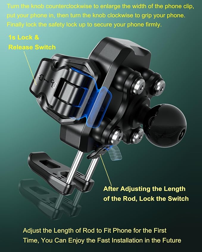 BRCOVAN Anti-Theft Phone Mount Holder with Vibration Dampener [Camera Friendly] [1s Lock & Release] with Aluminum Round Base & Medium Arm, for Car Boat Truck Motorcycle UTV, Fit 5.4-7.2'' Smartphones