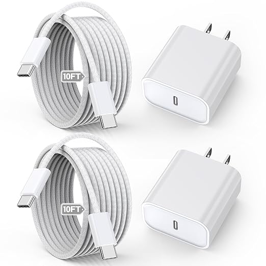 10FT Apple iPhone 16 15 Charger, 2-Pack Extra Long 10Foot USB C to Type C Charger Woven Cable Cord 20W USB C Charger Block Cube Super Quick Charging for iPhone 16 15 Pro/Plus/Pro Max,iPad Pro/Air/Mini