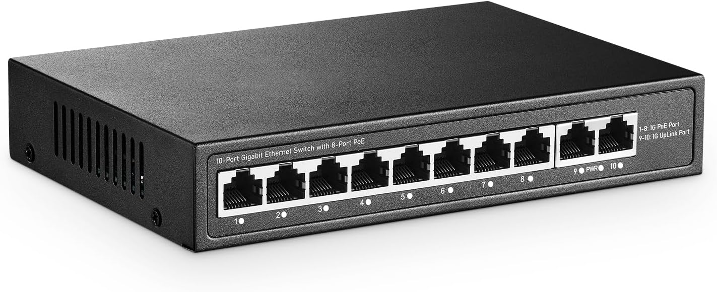 YuLinca 10 Port Mini Gigabit PoE Switch with 8 PoE+ Port, 2 Gigabit RJ45 Uplink, 10/100/1000Mbps, IEEE802.3af/at, Max 120W, Metal Fanless Plug & Play Ethernet Switch