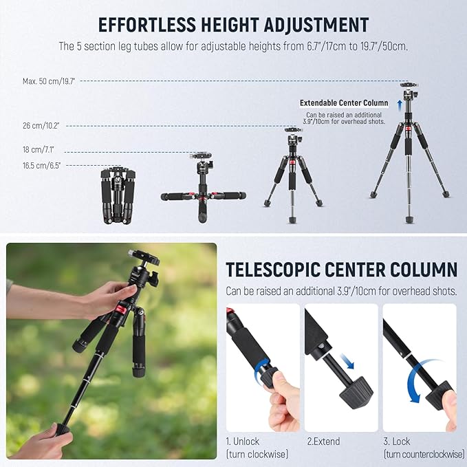 NEEWER Portable Desktop Mini Tripod Aluminum Alloy 20''/ 50cm Desk Tripod with 360 Degree Ball Head, 1/4 inch Quick Shoe Plate for DSLR Camera Video Camcorder, Load up to 11 pounds/5 kilograms