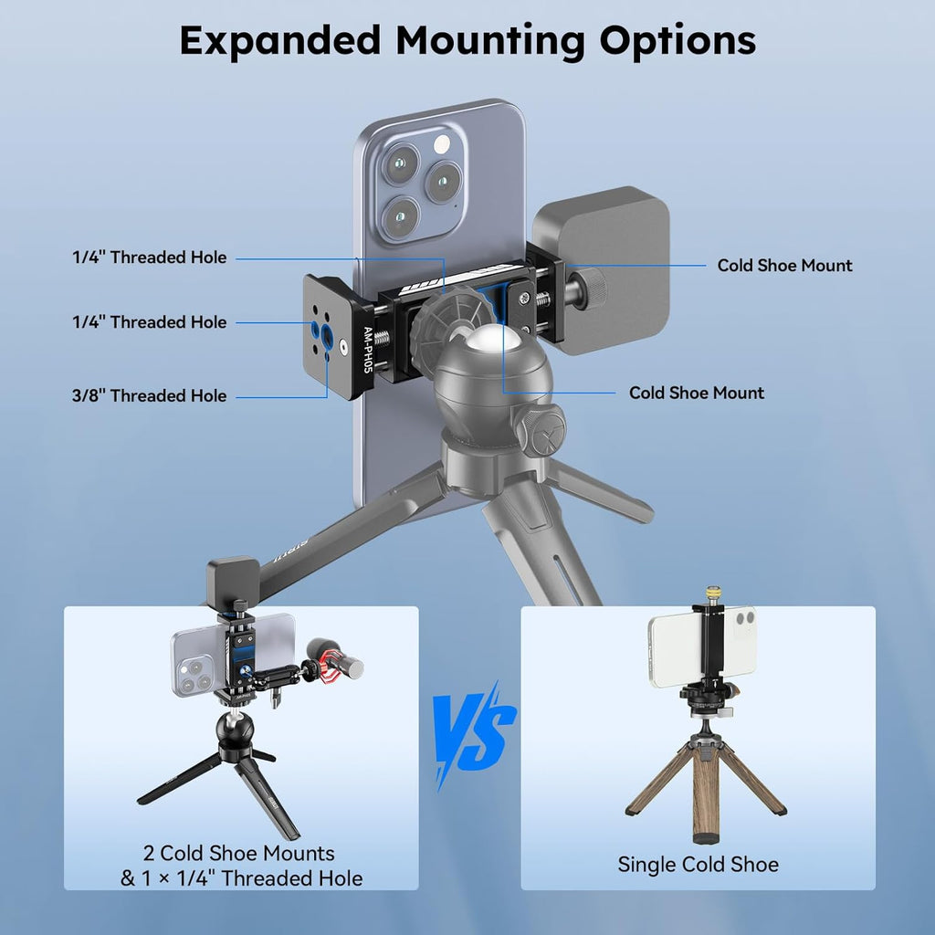 SIRUI Phone Mount for Tripod with Arca Base with 1/4"&3/8" Threaded Holes, Metal Tripod Cell Phone Clamp Holder with 2 Cold Shoes, Smartphone Adapter Compatible with iPhone, Galaxy, Pixel, AM-PH05