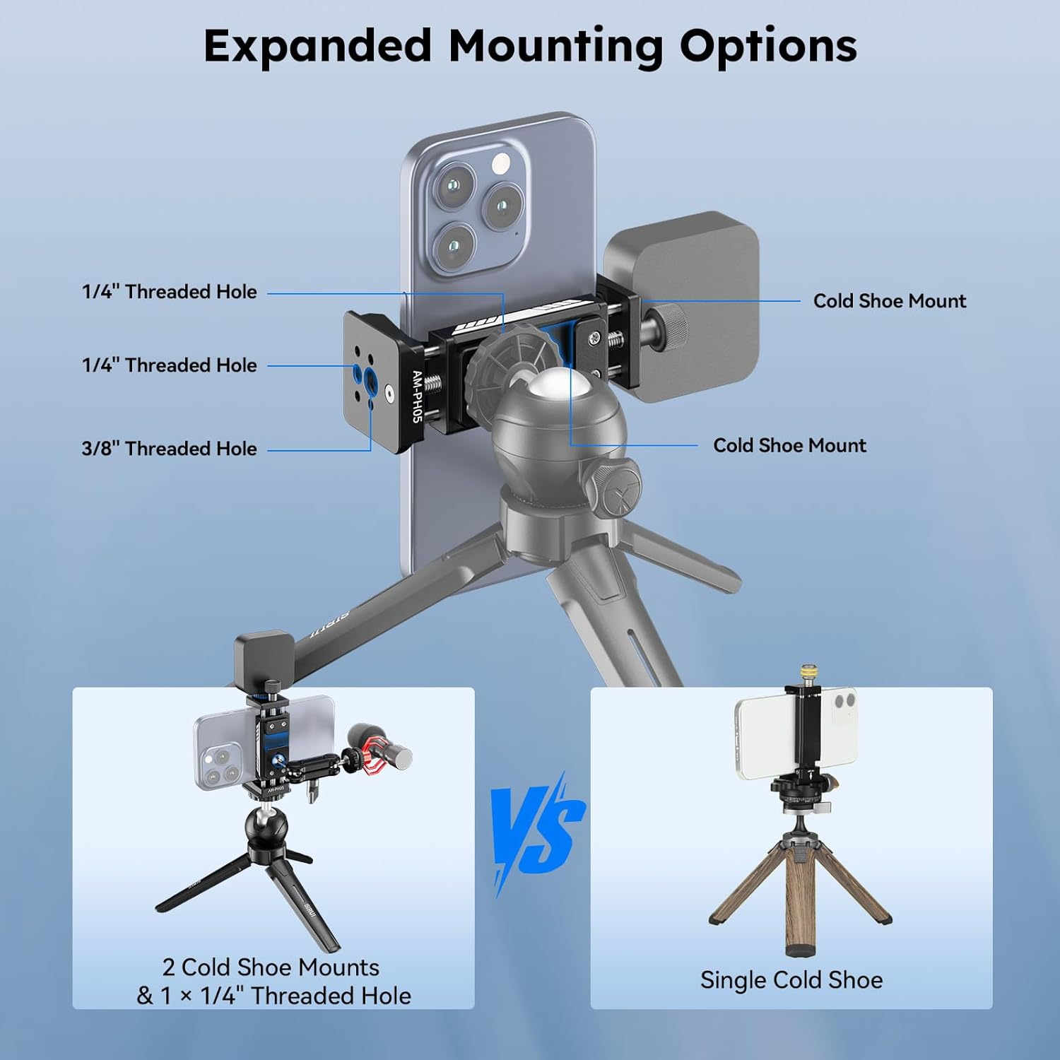 SIRUI Phone Mount for Tripod with Arca Base with 1/4"&3/8" Threaded Holes, Metal Tripod Cell Phone Clamp Holder with 2 Cold Shoes, Smartphone Adapter Compatible with iPhone, Galaxy, Pixel, AM-PH05