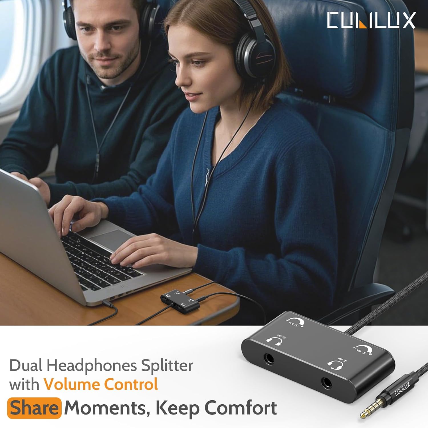 Cubilux Headphone Splitter with Volume Control, 3.5mm Dual Earphones Connector, 1/8 Double Audio Jack Adapter for 2 People, Music Share Adapter for Plane, Train Travel