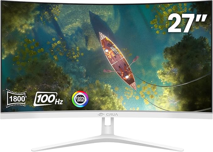 CRUA 27" Curved White Monitor, Full HD(1920x1080P) VA Panel 1800R 100HZ 120% sRGB Professional Computer Monitors, 3Sides Frameless, Flicker-Less,Blue Light Filter, for Office & Gaming (VGA, HDMI)