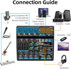 Depusheng M6 Portable Mini Mixer 6-Channel Audio Mixer DJ Console with Sound Card, Bluetooth Function, USB, 48V Phantom Power for PC Recording Webcast Party with 256 DSP