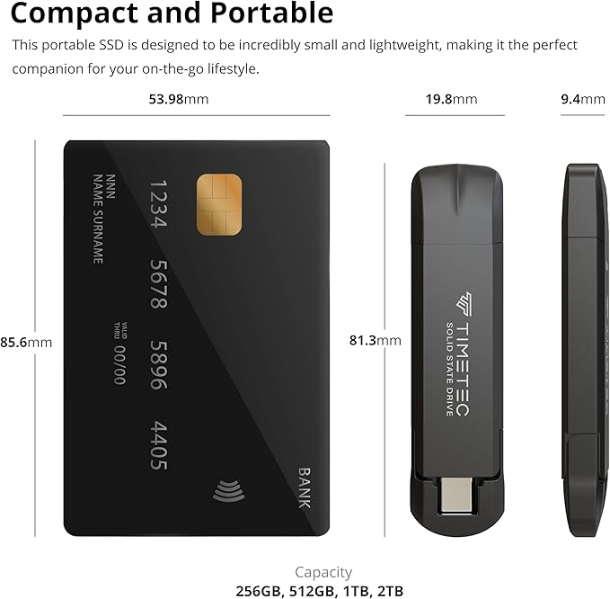 Timetec 1TB Pro Portable USB 3.2 Gen 2 Type-C/Type-A SSD Read Speed 1000MB/s Solid State Drive Stick for iPhone 15/Android/Tablet/Windows/Mac