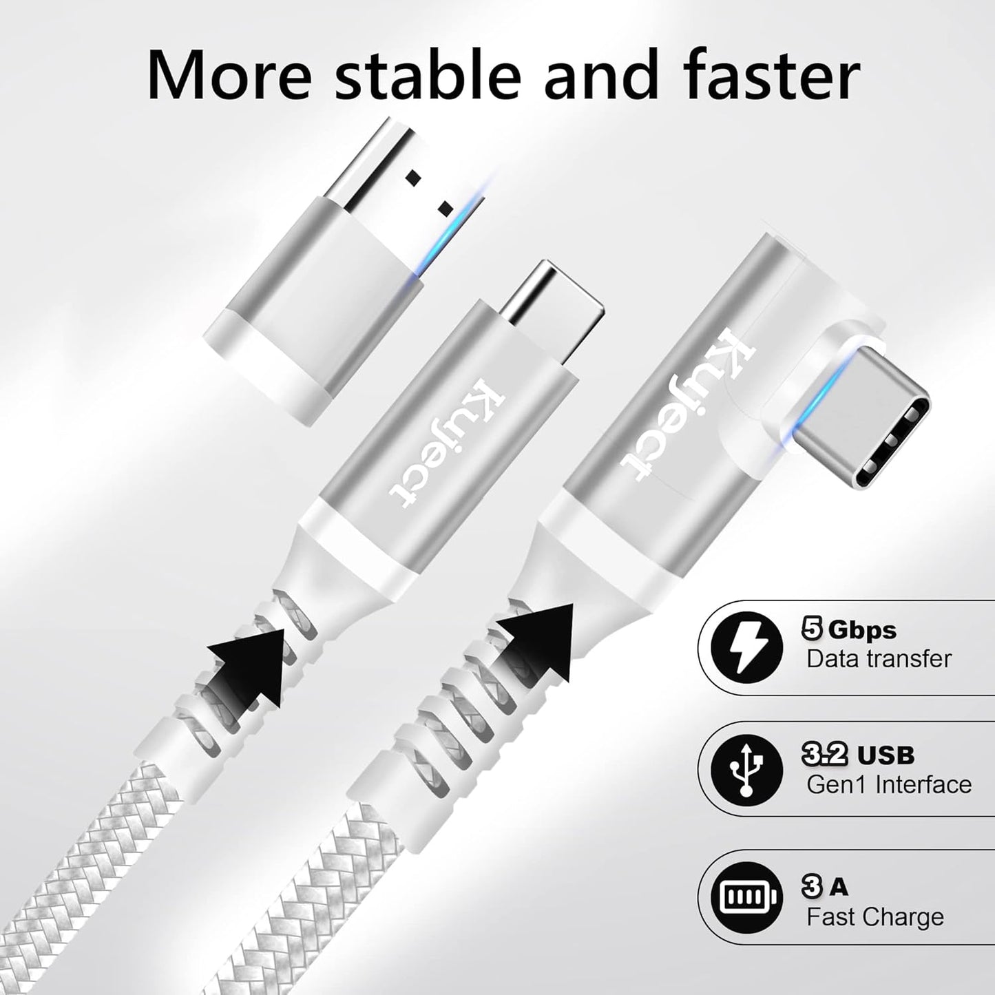 Kuject Link Cable 16FT Compatible for Quest 3S/3, Quest 2/Pro, Pico 4, Nylon Braided Accessories for Rift S/Steam VR Games, USB 3.0 Type C to C High Speed Data Transfer Cord for Gaming PC, Silver