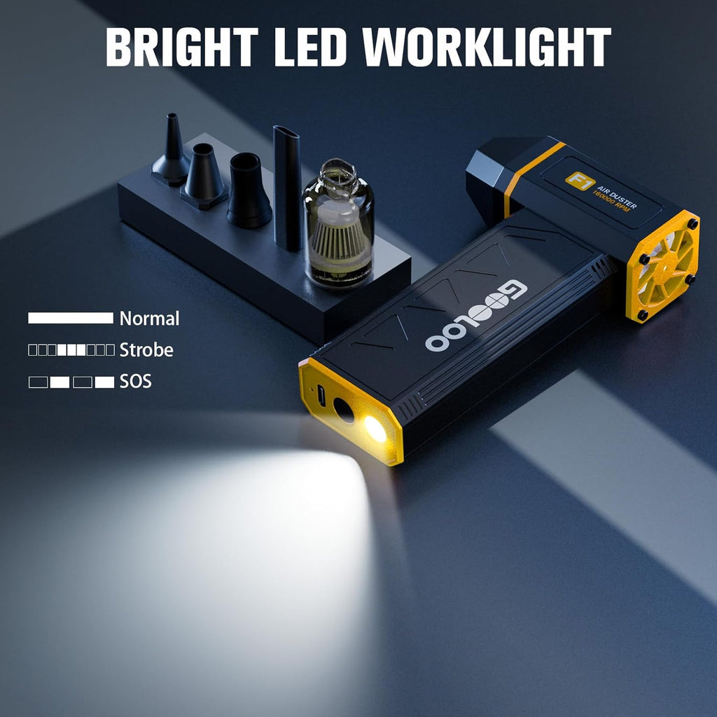 GOOLOO F1 Electric Air Duster with Mini Vacuum, 3 Gear Adjustable 160000 RPM Compressed Air Duster, Mini Blower for Keyboard PC Car, Cordless Rechargeable Air Blower,Yellow