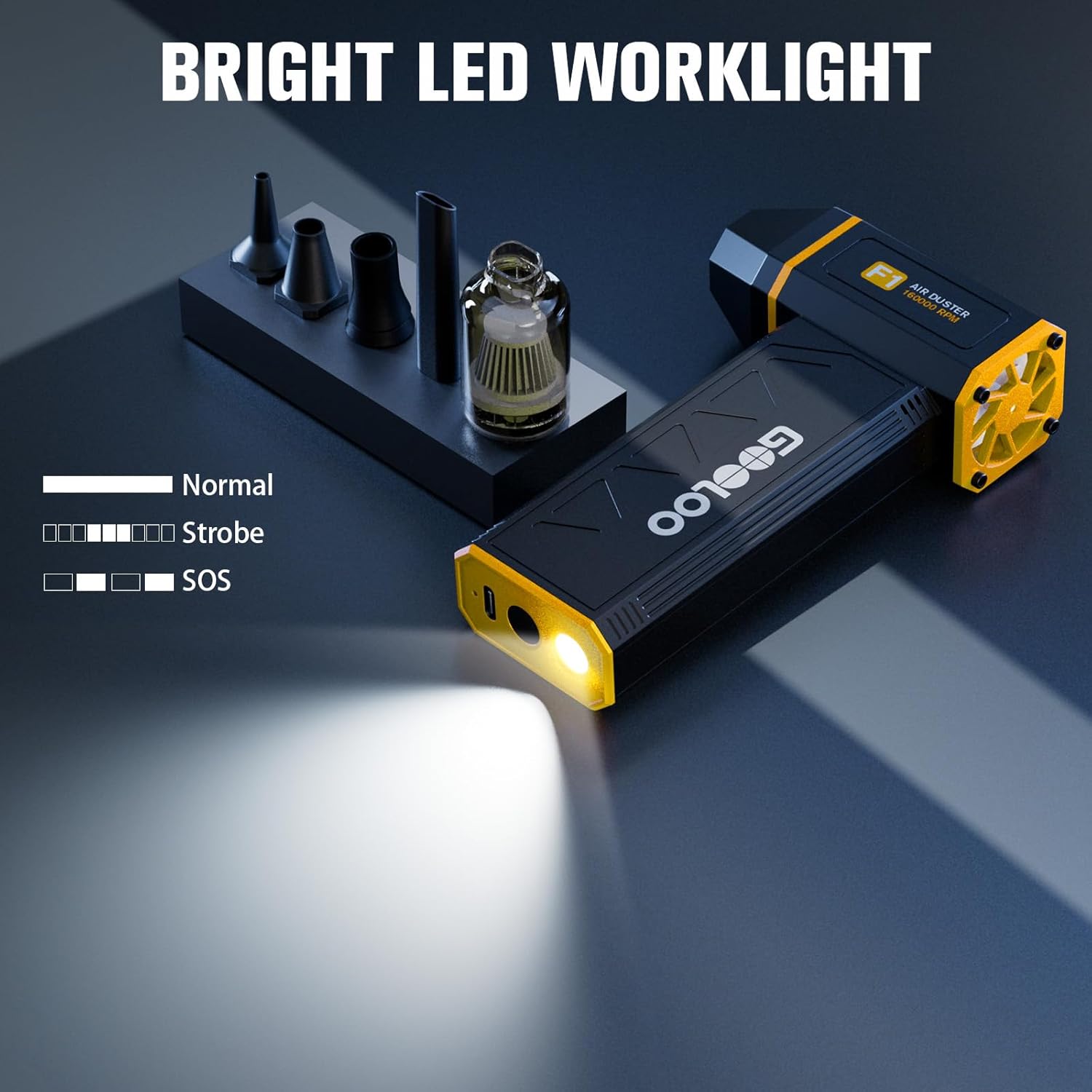 GOOLOO F1 Electric Air Duster with Mini Vacuum, 3 Gear Adjustable 160000 RPM Compressed Air Duster, Mini Blower for Keyboard PC Car, Cordless Rechargeable Air Blower,Yellow