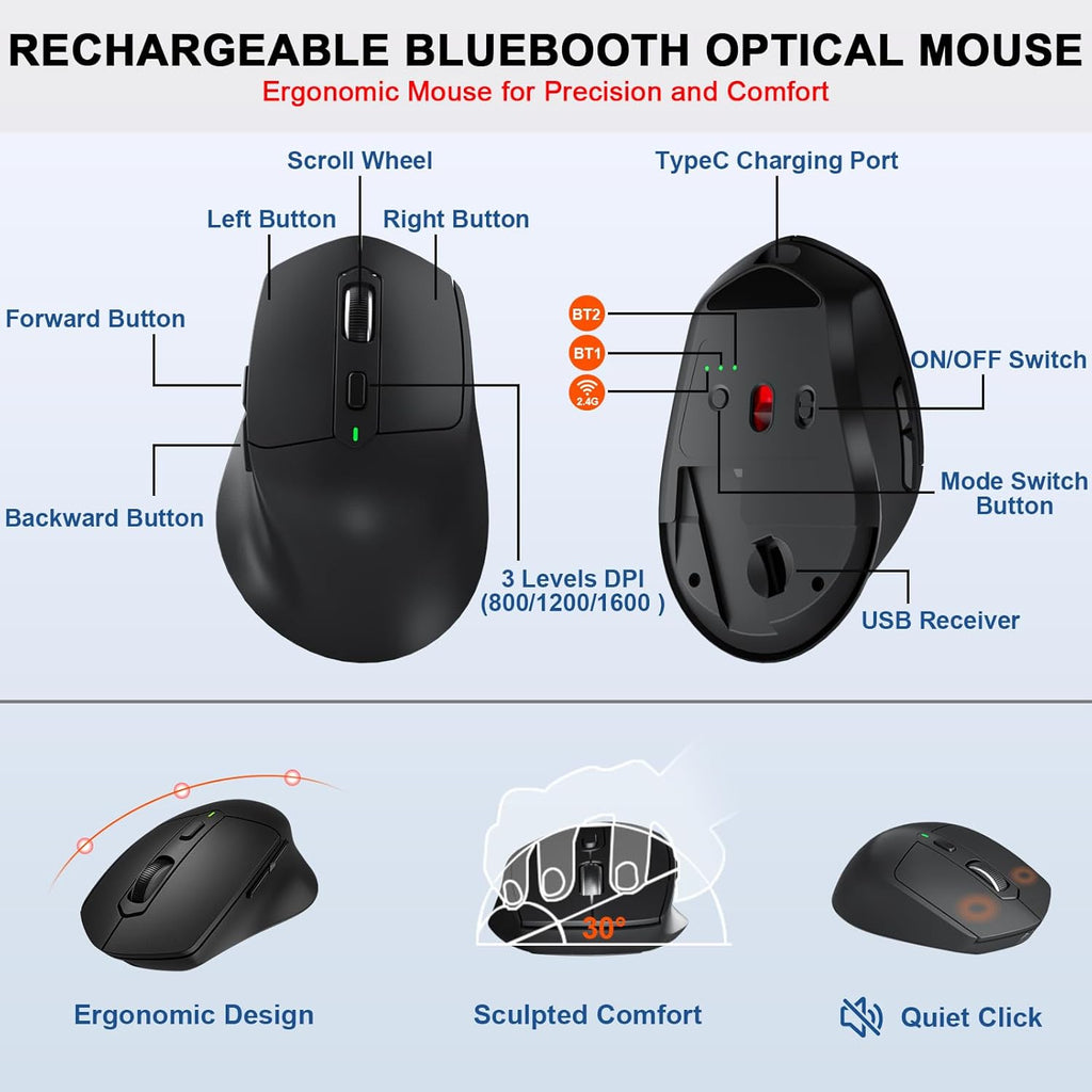 Ergonomic Wireless Keyboard Mouse Combo, MK835 Wave Keys Bluetooth/2.4G Split Design Ergo Keyboard with Cushioned Palm Rest, Multi-Device, Rechargeable, for Multi-OS, Windows/Mac/Android