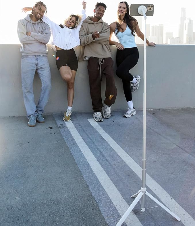 KraftGeek Magnetic Phone Tripod for iPhone MagSafe – 66'' Automatic Selfie Stick with Remote, Portable Tripod Stand for Video Recording, Travel, Vlogging (White)