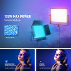 NEEWER 105W RGB LED Panel Video Light Kit with Barn Doors, 1200 LEDs 31500Lux/0.5m 2500K-10000K CRI96+/TLCI97+ Dimmable, APP/2.4G/Panel/DMX Control, Studio Photography Video Recording Lighting, AP100C