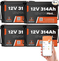 4 PCS Bluetooth 12V 314Ah LiFePO4 Lithium Battery MINI, Max. 4190Wh Energy, EV A+ Cells, Built-in 100A BMS, 15000 Deep Cycles Battery with Low-Temp Protection for RVs, Solar System, Off-Grid
