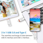 3.0 USB C Flash Drive, USB-A & Type-C OTG Thumb Stick, Dual Memory Sticks Compatible with PC/Laptop/Type C Cell Phone and Tablet (Silver/Blue, 128GB)