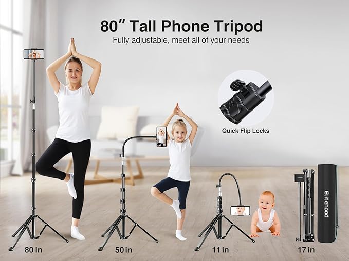 elitehood 80” Tall Phone Stand Tripod, Floor Phone Recording Stand, Heavy Duty Adjustable iPhone Tripod Stand Compatible with iPhone 15 14 13 12