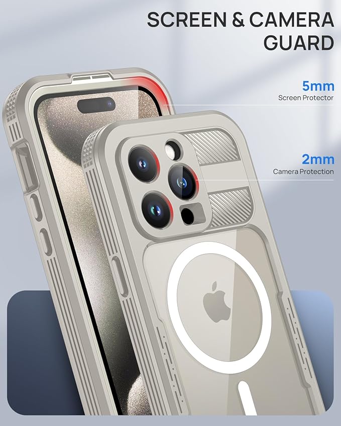 Lanhiem Magnetic for iPhone 15 Pro Case, IP68 Waterproof Dustproof Case, [Compatible with Magsafe] [Built-in Screen Protector] Full Body Heavy Duty Rugged Phone Cover 6.1 inch, Natural