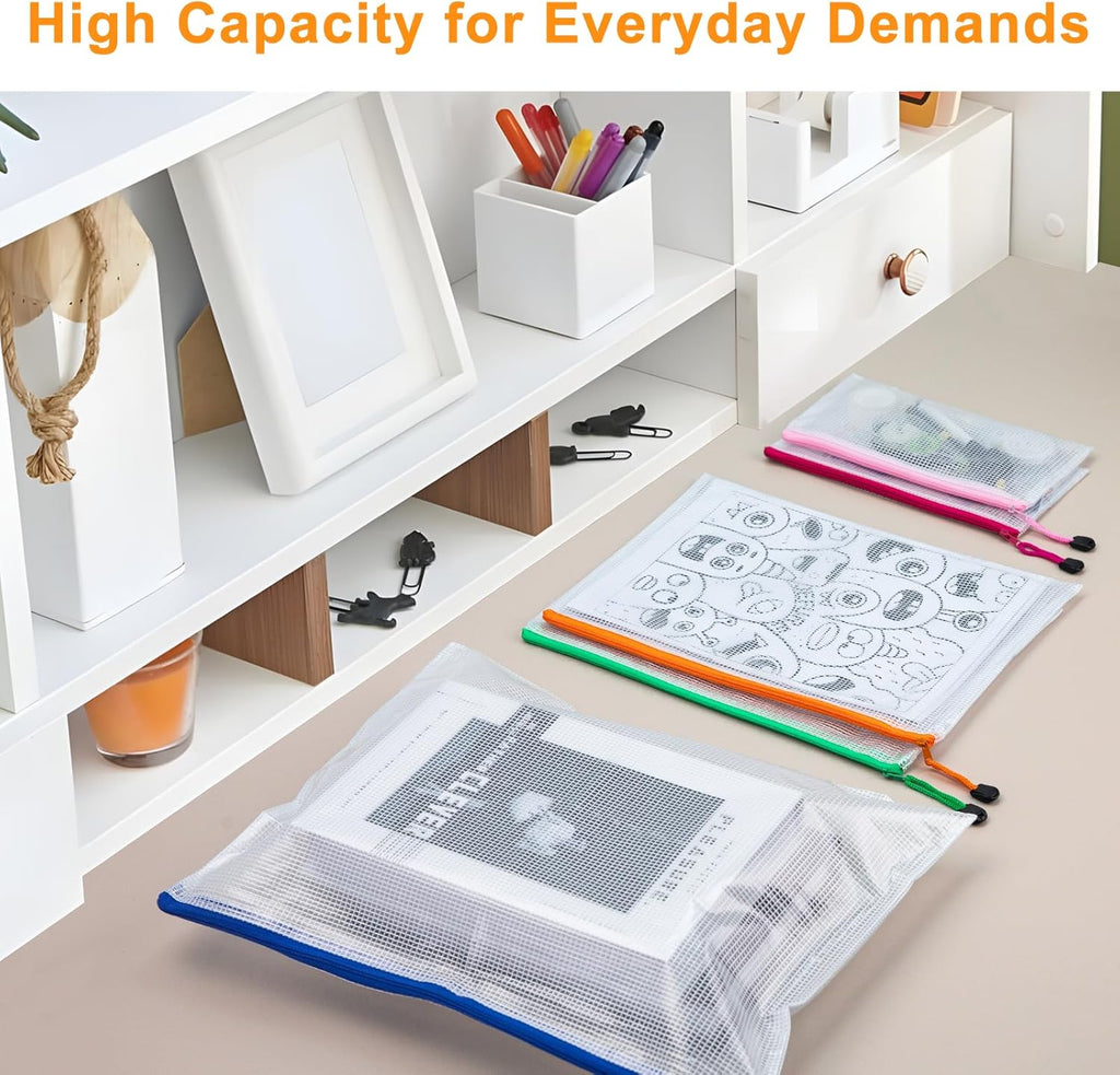 24pcs Mesh Zipper Pouch File Bags, Large Puzzle Storage Bags, A3 17x12 Inch Reusable Classroom Pouches for Organizing, 8 Colors