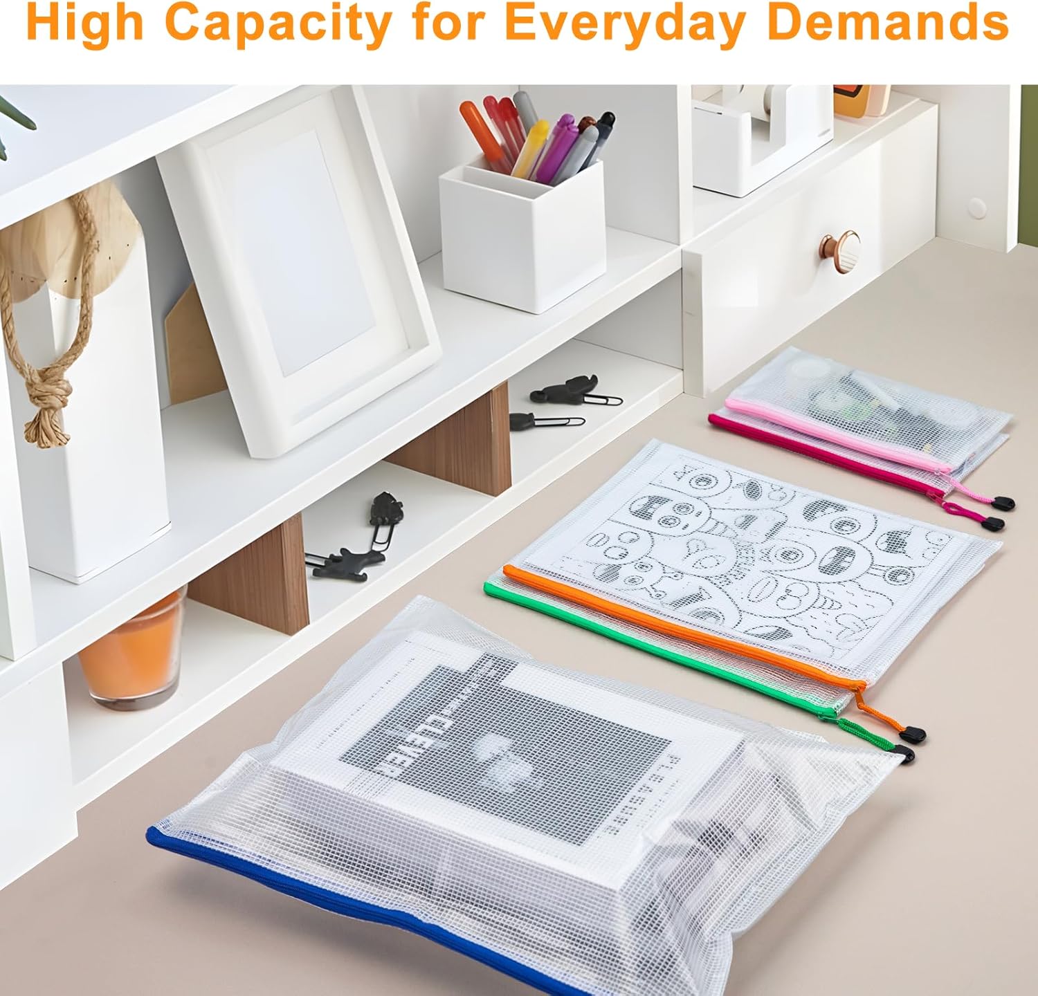 24pcs Mesh Zipper Pouch File Bags, Large Puzzle Storage Bags, A3 17x12 Inch Reusable Classroom Pouches for Organizing, 8 Colors