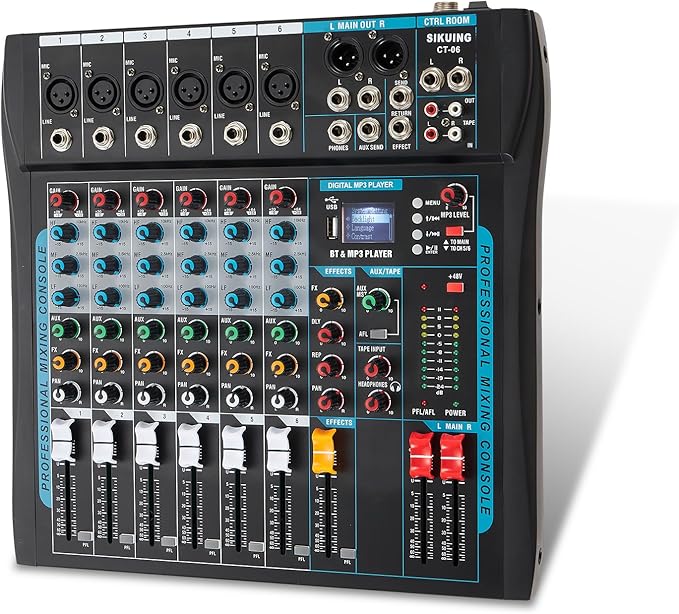 Audio Mixer,6 Channel Board Mixer for Streaming, Professional Sounds Board Mixer with 16 DSP Effect, USB Audio Interface and 48V Phantom Power, Stereo DJ Mixers for PC Recording/DJ stage