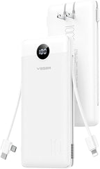 VEGER AC Wall Plug Portable Charger, 10000mah Slim Portable Charger Built in Cables, USB C Power Bank 15W Fast Charging, Travel Essential Battery Pack Compatible with iPhone, Android and More(White)