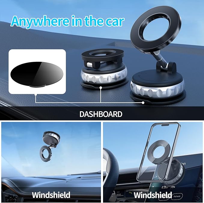 Vacuum Suction Magnetic Phone Holder, 2025 Upgraded Foldable Retractable Magnet Suction Cup Phone Mount for Car, 360° Adjustable Magnetic Phone Stand for Cars/Gyms/Mirrors/Smooth Surface