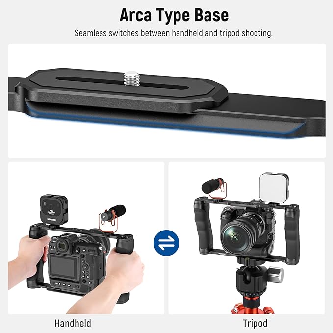 NEEWER Video Camera Cage Rig with Arca Type Base/Dual Grips/Expansion Holes/15mm Rods, Universal Stabilizer Compatible with Sony Canon Nikon DSLR/DSLM, Compatible with SmallRig Accessories, CA016