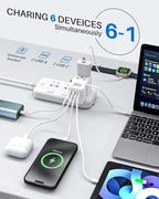 DOACE Universal Travel Adapter, 100W GaN 3.0 International Power Adapter with Built-in USB-C Cable, 6 in 1 Travel Adapter with 5 USB Ports, Plug Adapter Worldwide for EU/UK/USA/AUS(White)