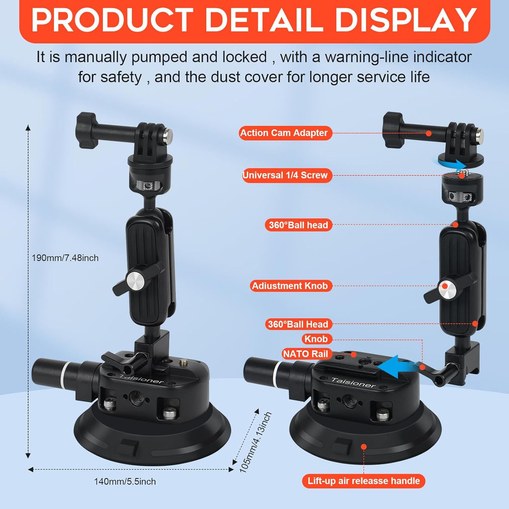 4.5"/14cm Camera Suction Cup Mount with Ball Head Quick Release Magic Arm Metal on Car Boat Windshield Window for Camera/DSLR Action Video Shooting