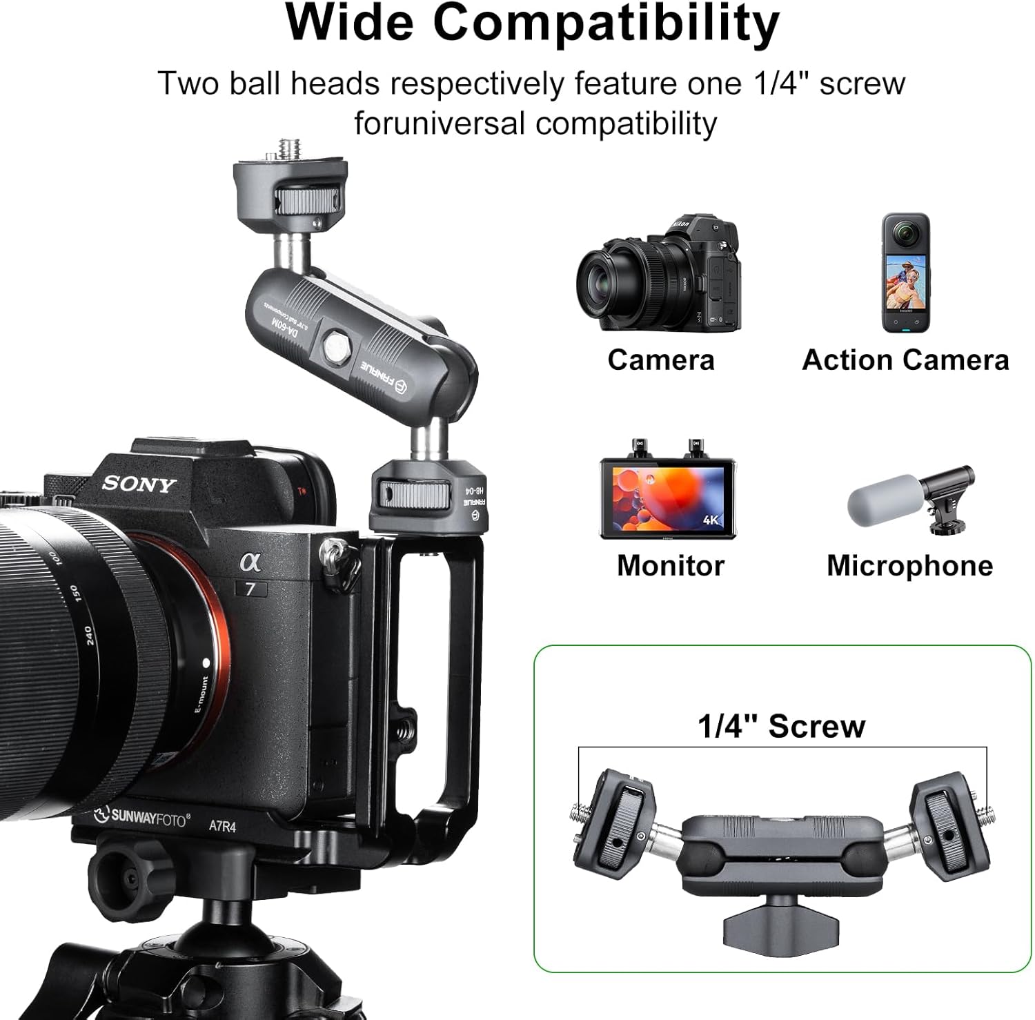 FANAUE Mini Articulating Arm Mount Camera Accessories Compatible with 1/4"-20 to 1/4"-20 Connectors (with Locating Pins) Aluminum-Built Arm Offers Flexibility Connectors