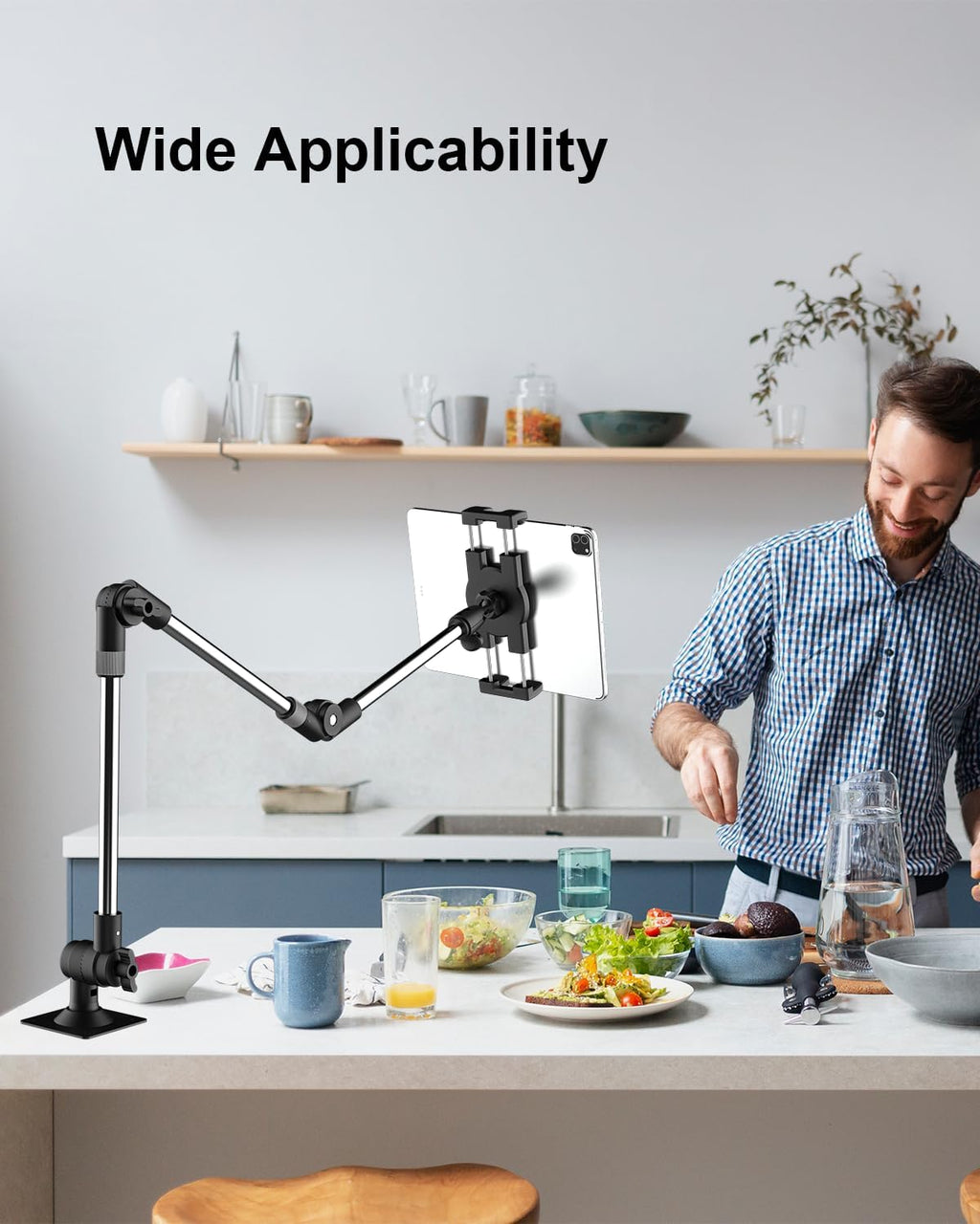 Tablet Wall Mount, 35" Aluminum Alloy Foldable Arm, 360 Degree Angle Adjustable for Kitchen/Desk, Compatible with 4.7-13" Tablet Like iPad Pro, Air, Mini, iPhone, Galaxy, Fire, Switch, Camera, Webcam